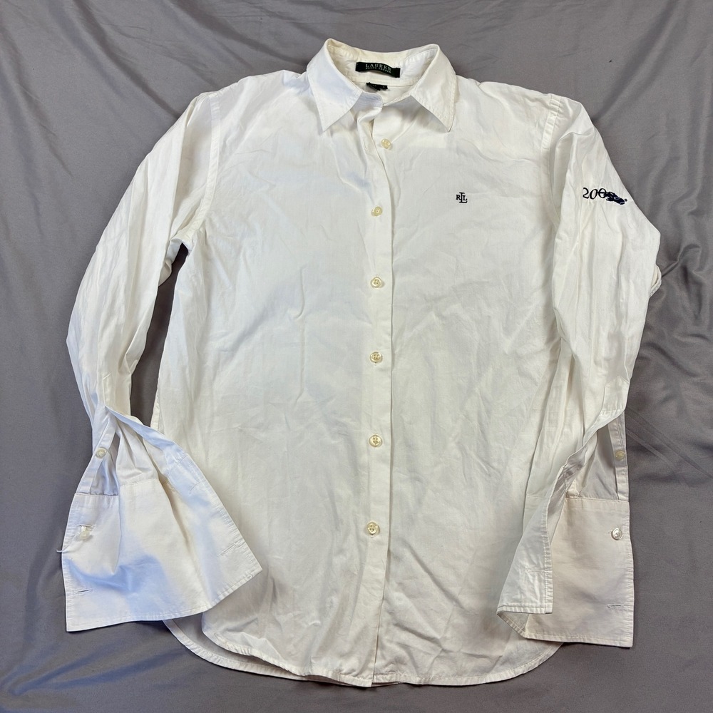 Lauren Ralph Lauren Dress Shirt French Cuff Womens S White Embroidered Logo Y2K